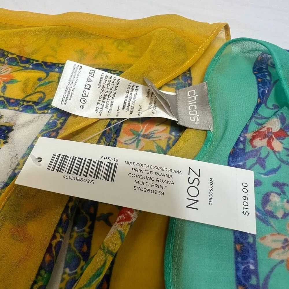 Chico's Botanical 100% Polyester Ruana Wrap Shawl Multicolor One‎ Size NWT